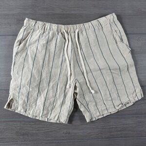 Alex Crane Mens Bo Shorts Medium Linen Striped Drawstring Beige Navy Blue